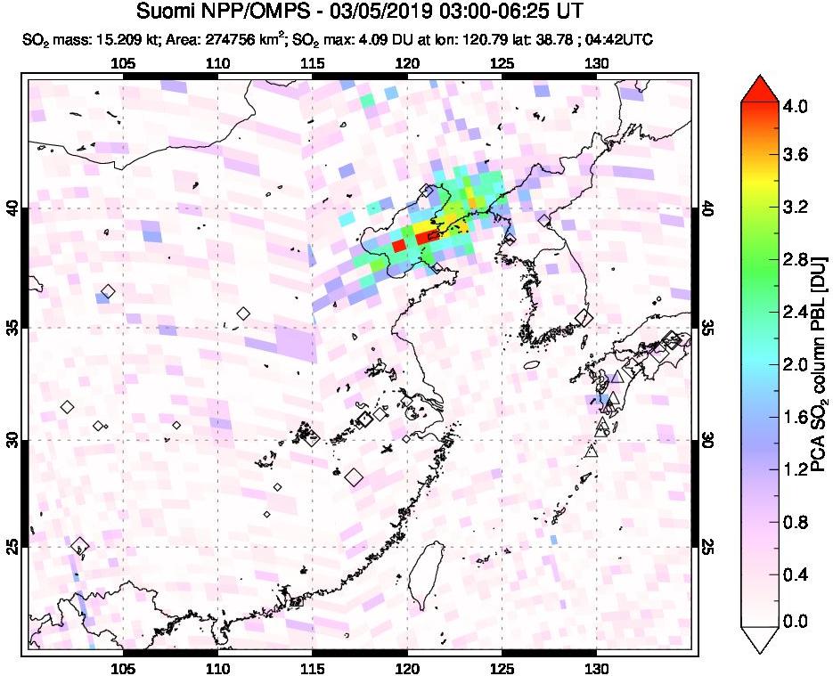 A sulfur dioxide image over Eastern China on Mar 05, 2019.