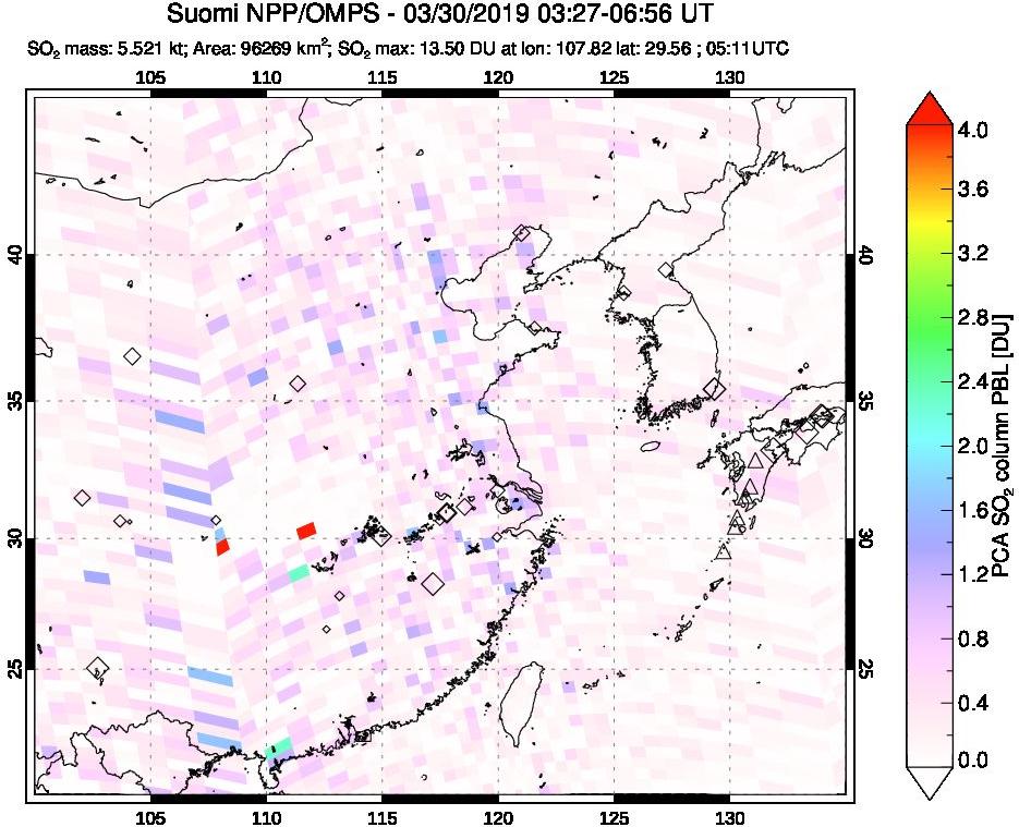 A sulfur dioxide image over Eastern China on Mar 30, 2019.