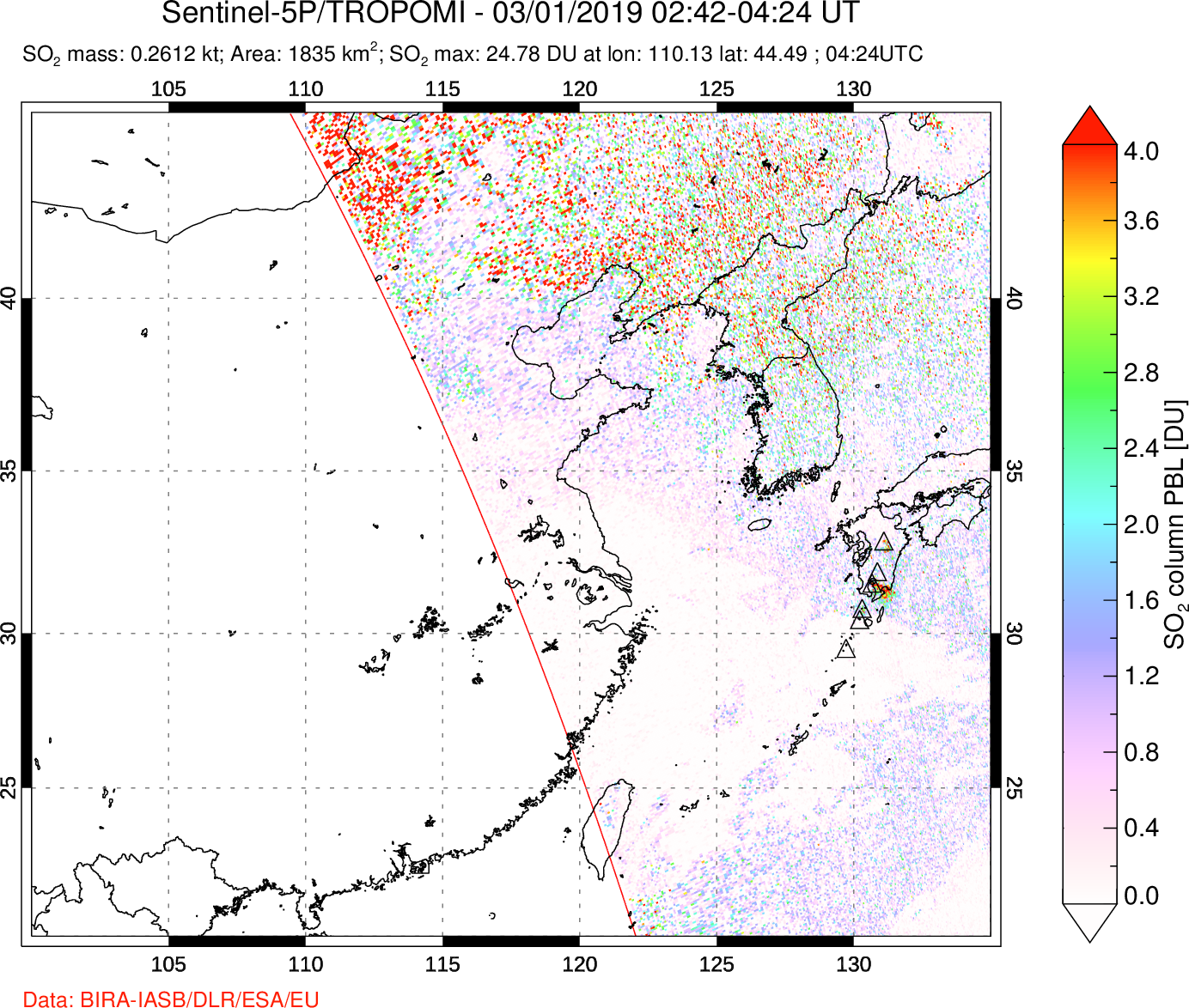 A sulfur dioxide image over Eastern China on Mar 01, 2019.