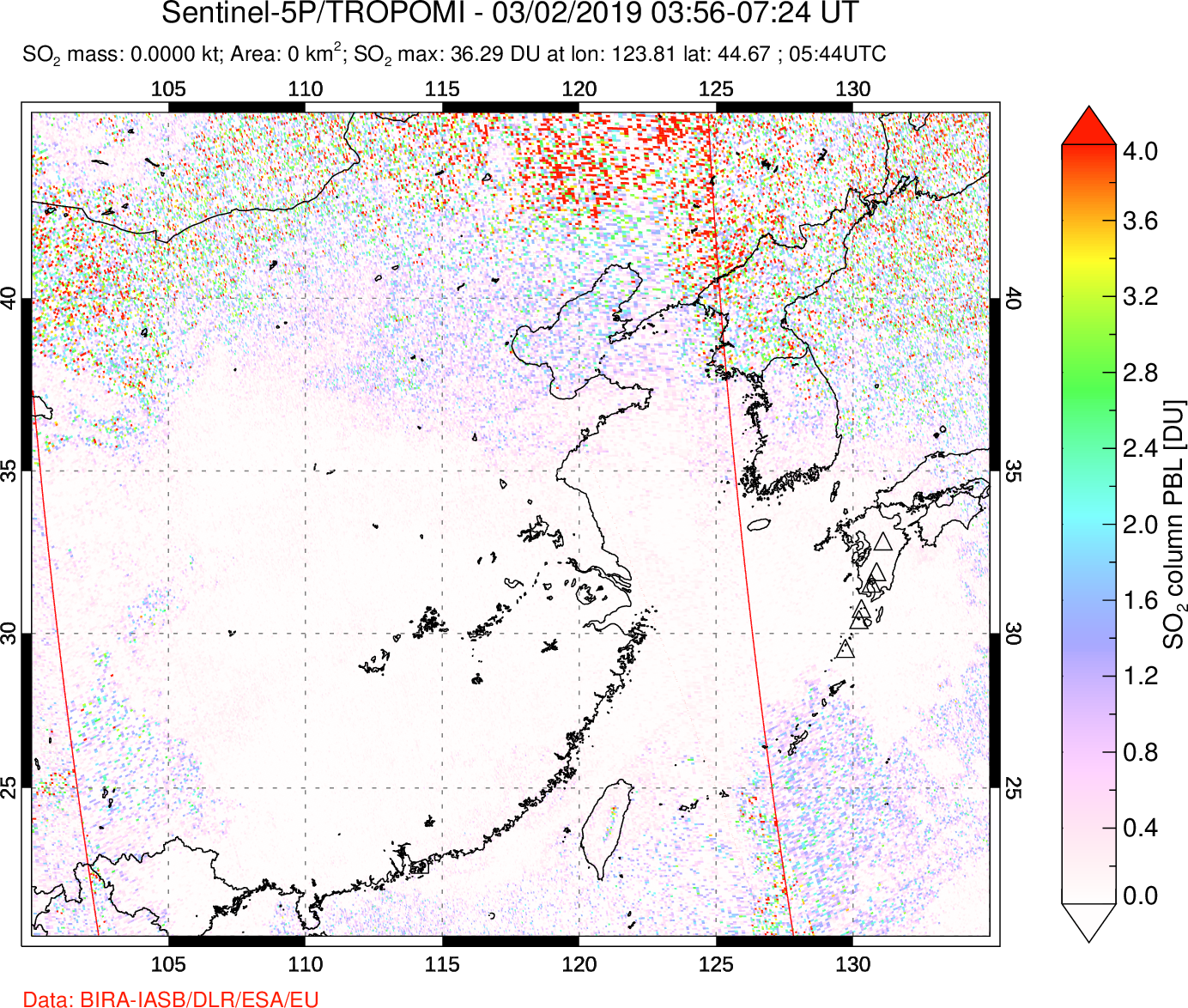 A sulfur dioxide image over Eastern China on Mar 02, 2019.