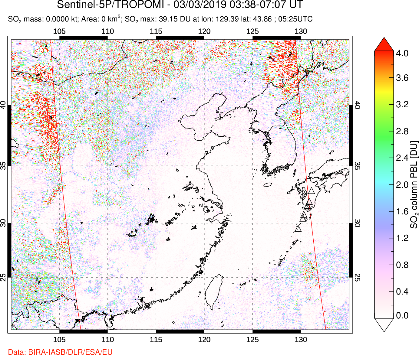 A sulfur dioxide image over Eastern China on Mar 03, 2019.