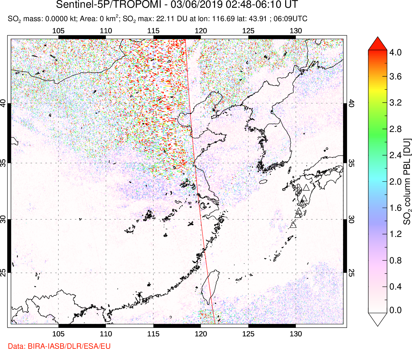 A sulfur dioxide image over Eastern China on Mar 06, 2019.