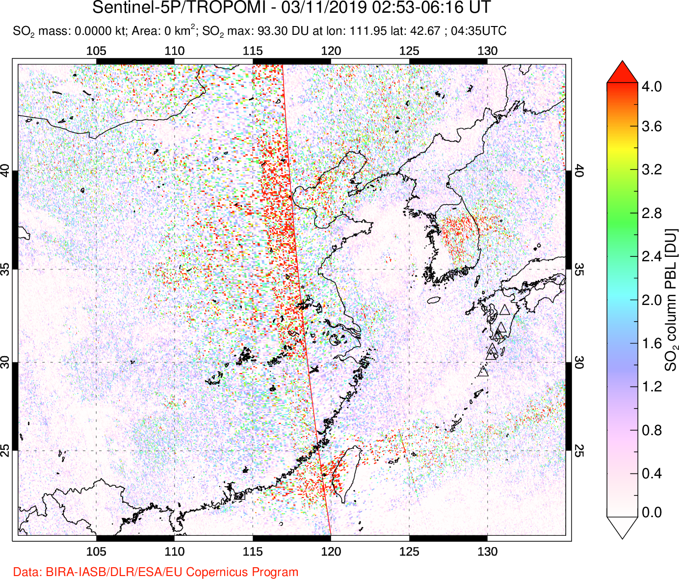 A sulfur dioxide image over Eastern China on Mar 11, 2019.