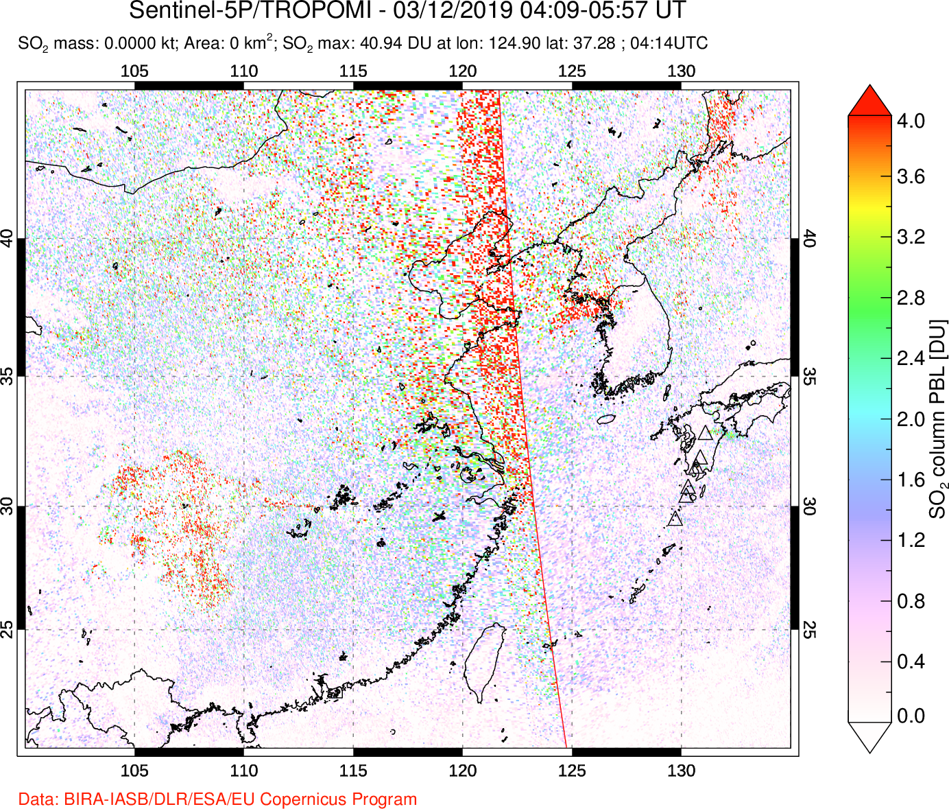 A sulfur dioxide image over Eastern China on Mar 12, 2019.