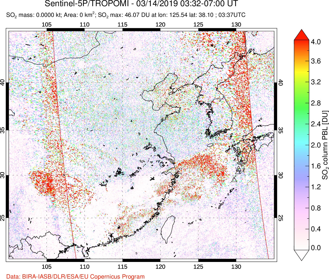 A sulfur dioxide image over Eastern China on Mar 14, 2019.