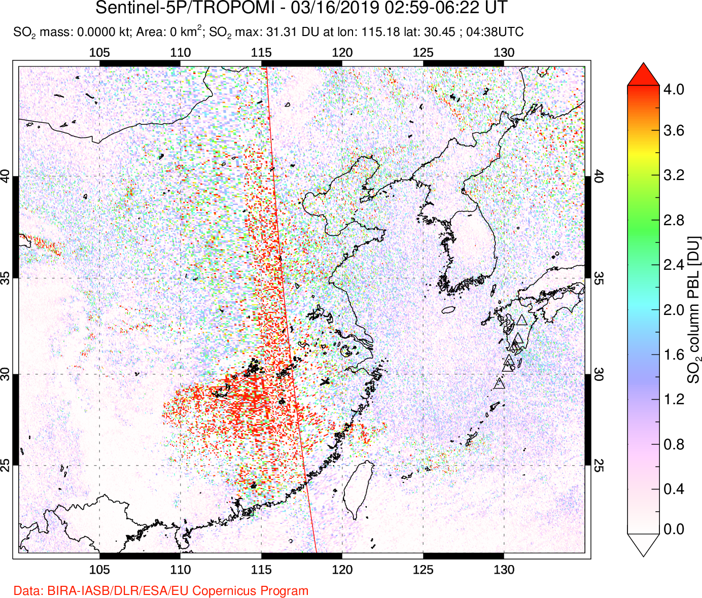 A sulfur dioxide image over Eastern China on Mar 16, 2019.