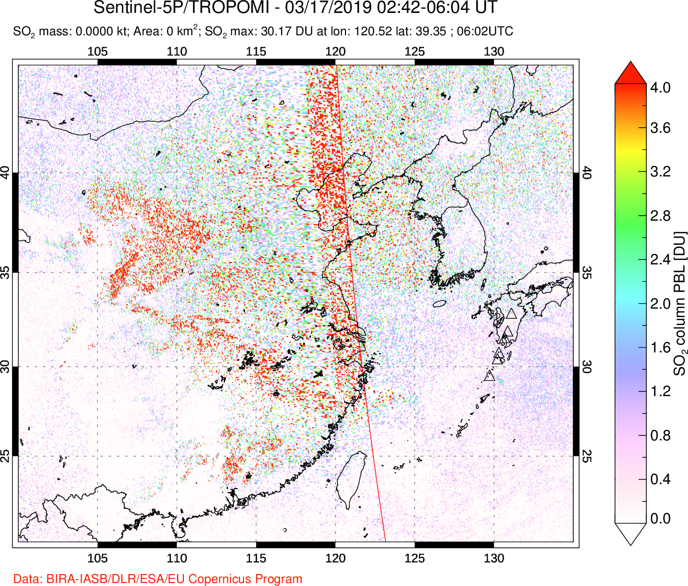 A sulfur dioxide image over Eastern China on Mar 17, 2019.