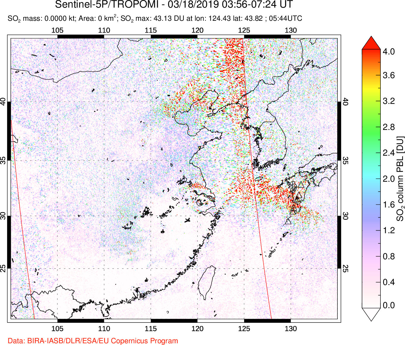 A sulfur dioxide image over Eastern China on Mar 18, 2019.