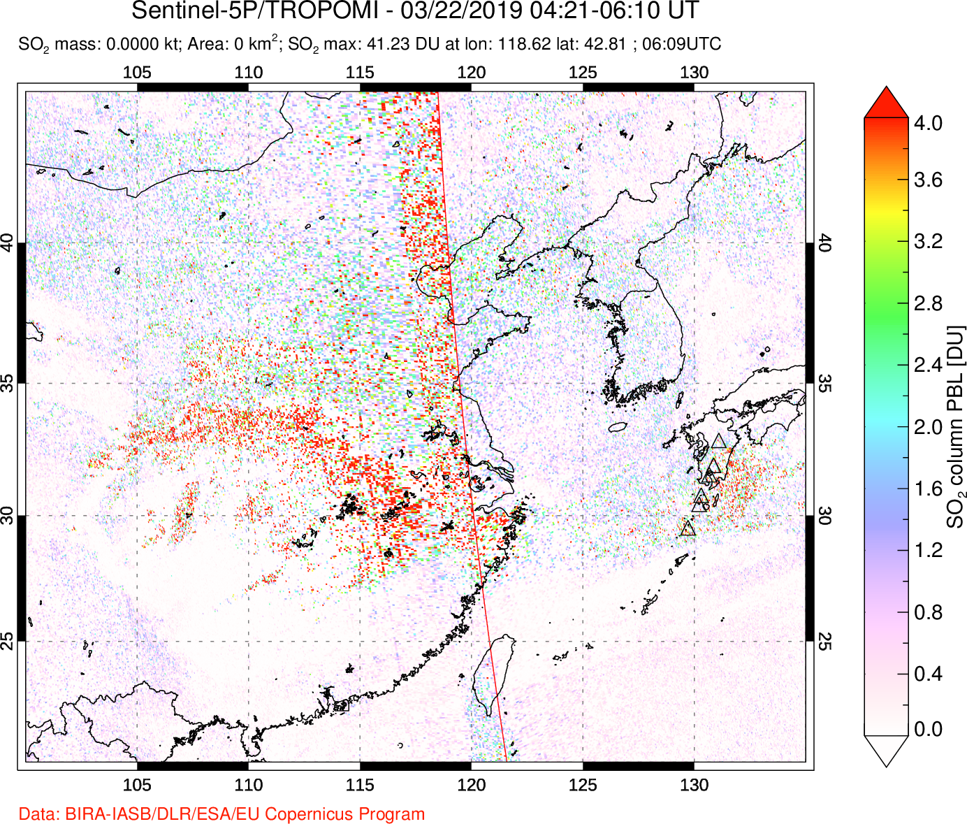A sulfur dioxide image over Eastern China on Mar 22, 2019.
