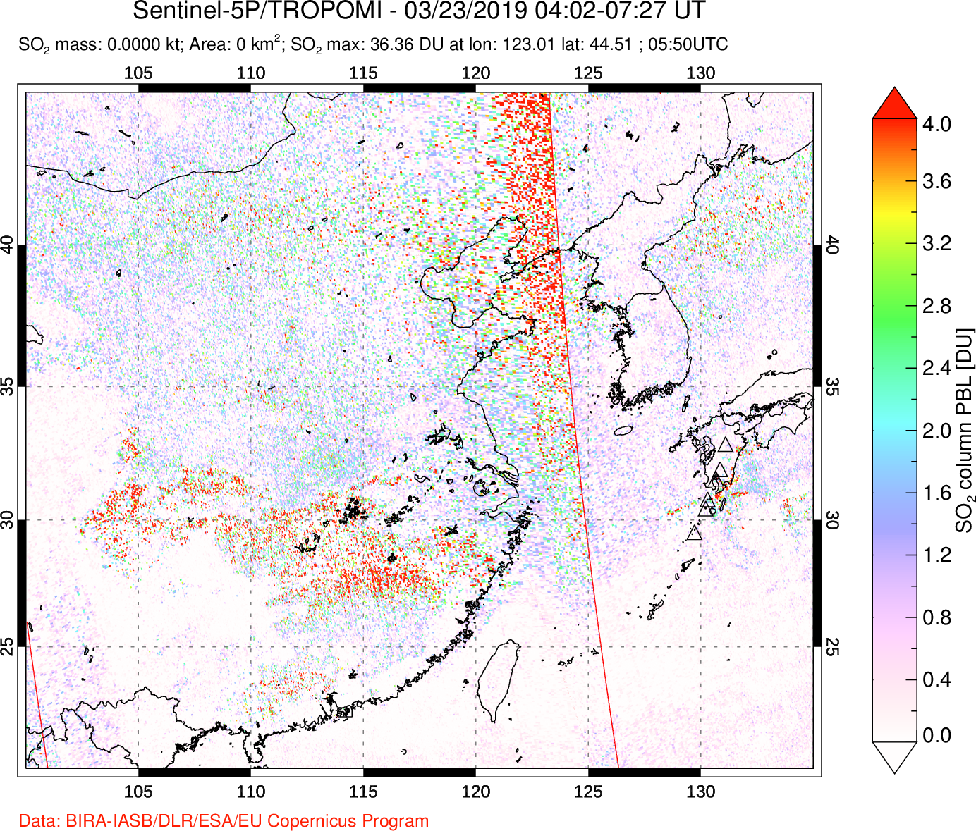 A sulfur dioxide image over Eastern China on Mar 23, 2019.