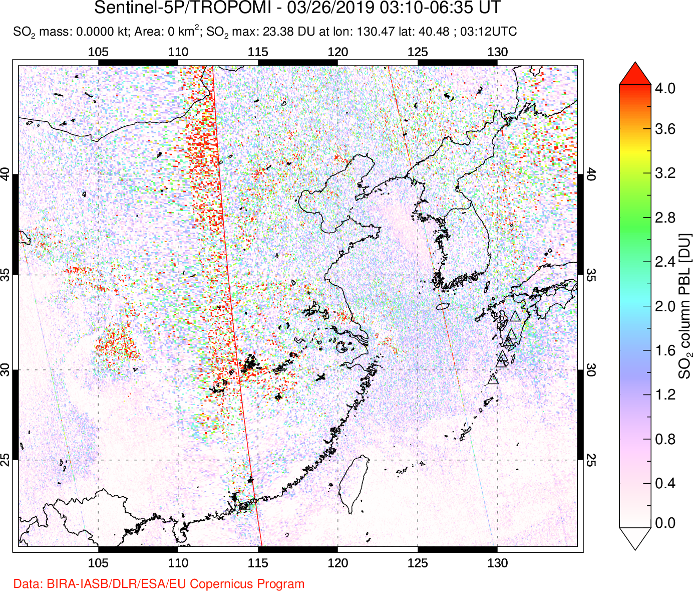 A sulfur dioxide image over Eastern China on Mar 26, 2019.