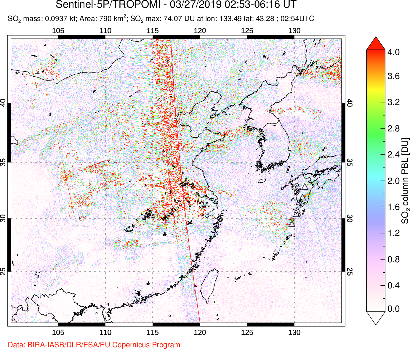 A sulfur dioxide image over Eastern China on Mar 27, 2019.