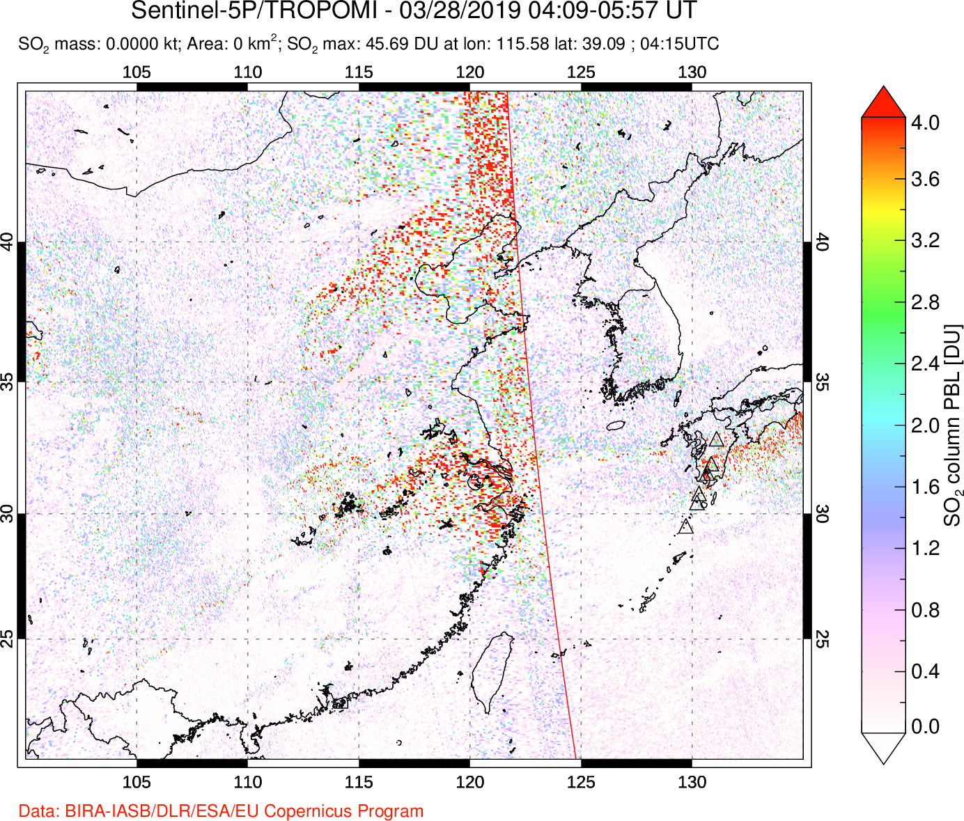 A sulfur dioxide image over Eastern China on Mar 28, 2019.