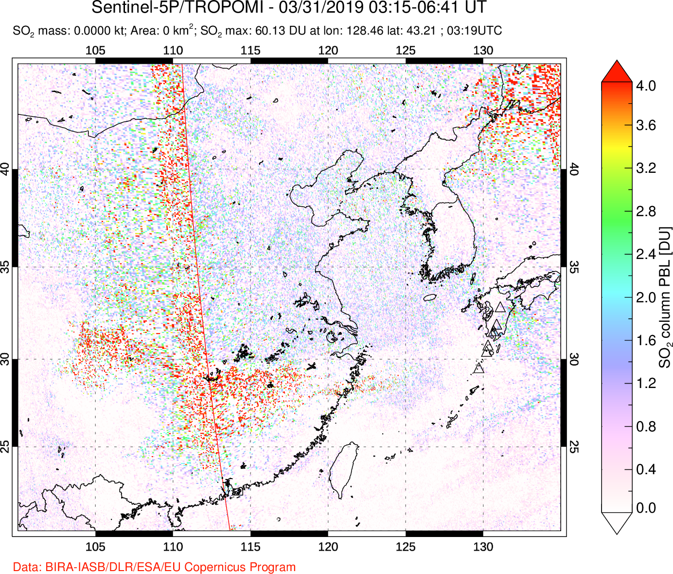 A sulfur dioxide image over Eastern China on Mar 31, 2019.
