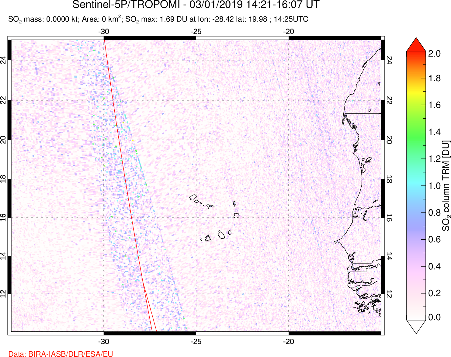 A sulfur dioxide image over Cape Verde Islands on Mar 01, 2019.