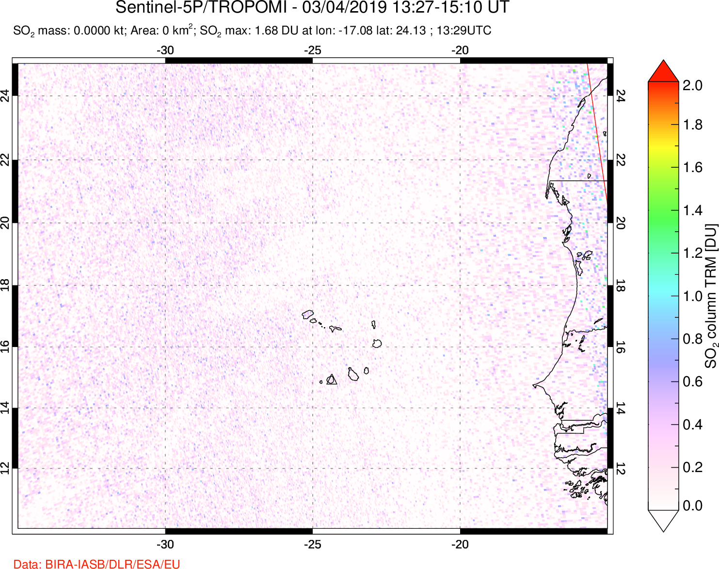A sulfur dioxide image over Cape Verde Islands on Mar 04, 2019.