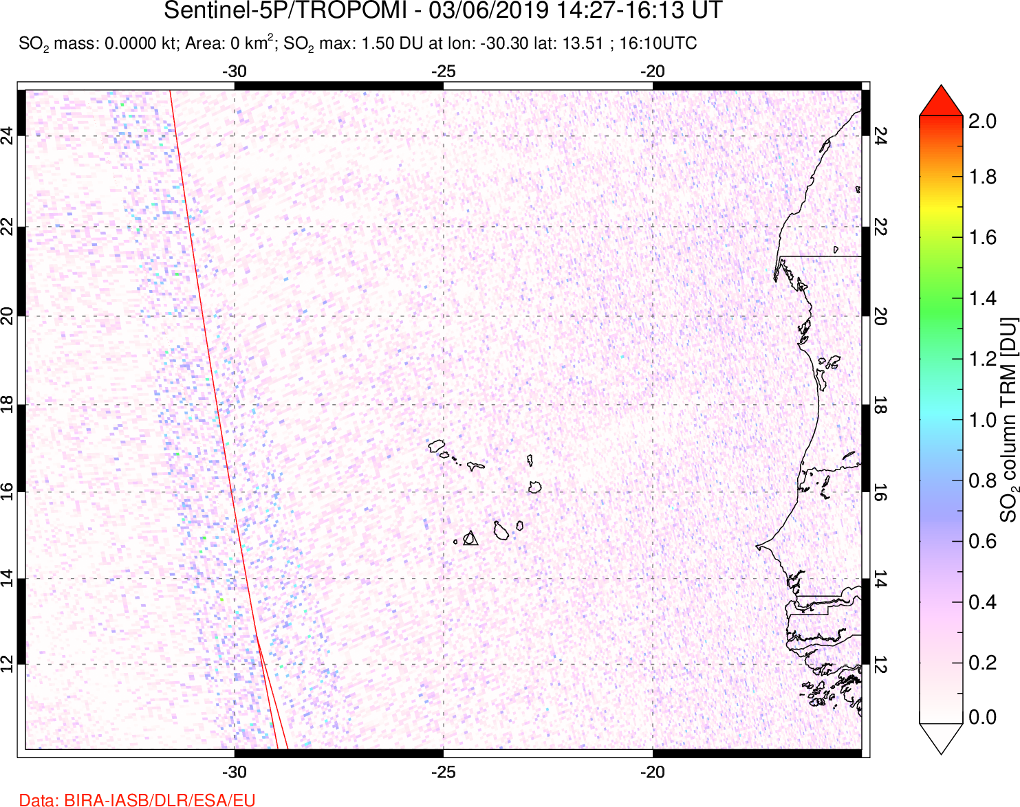 A sulfur dioxide image over Cape Verde Islands on Mar 06, 2019.