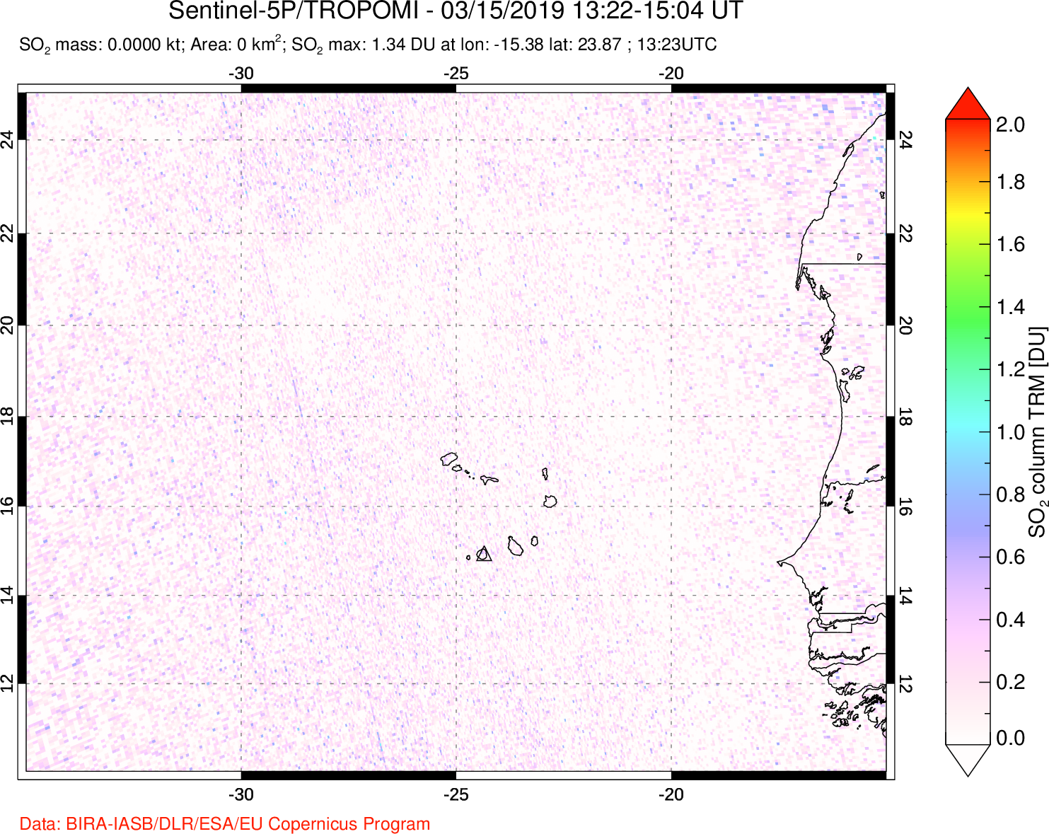 A sulfur dioxide image over Cape Verde Islands on Mar 15, 2019.