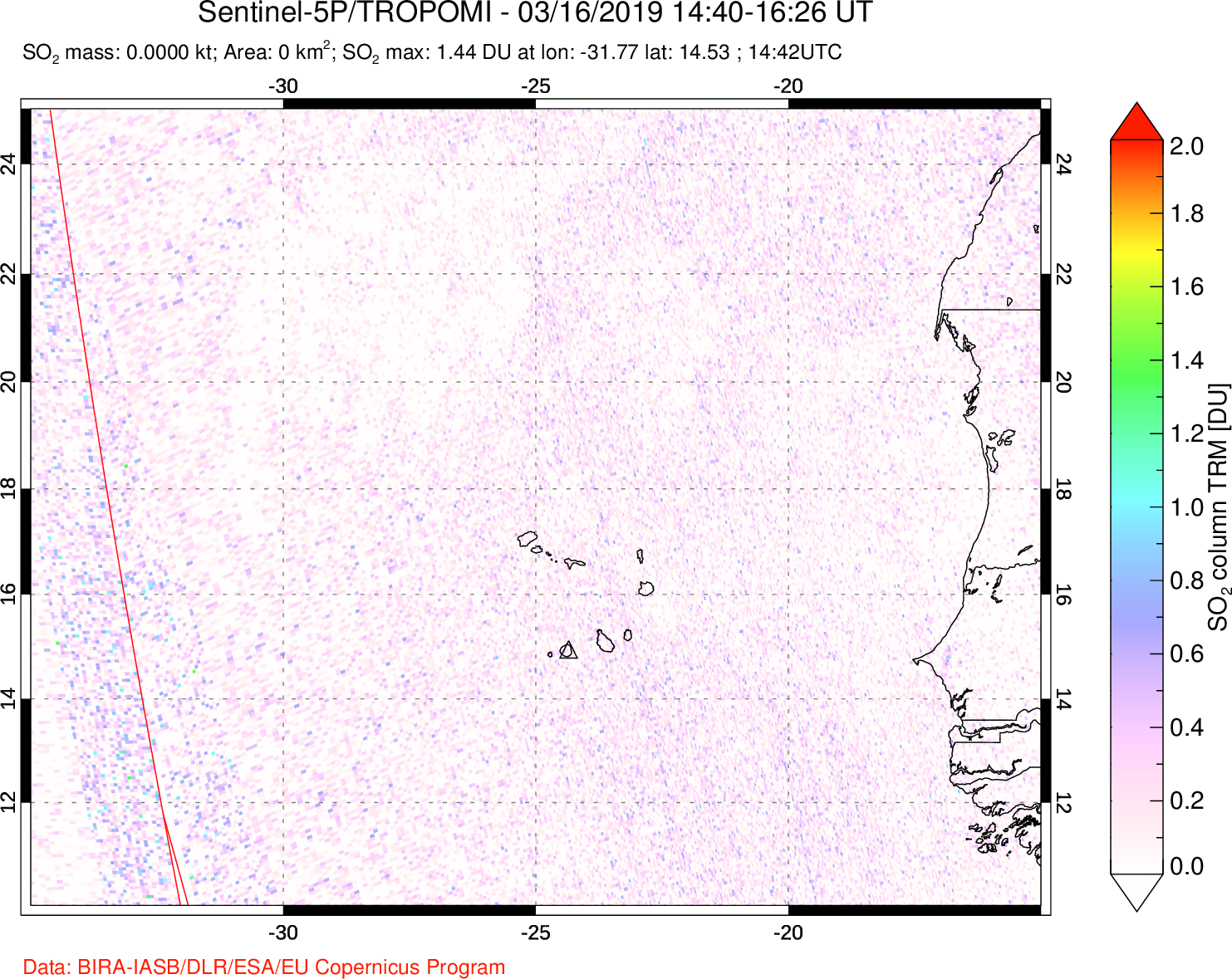 A sulfur dioxide image over Cape Verde Islands on Mar 16, 2019.