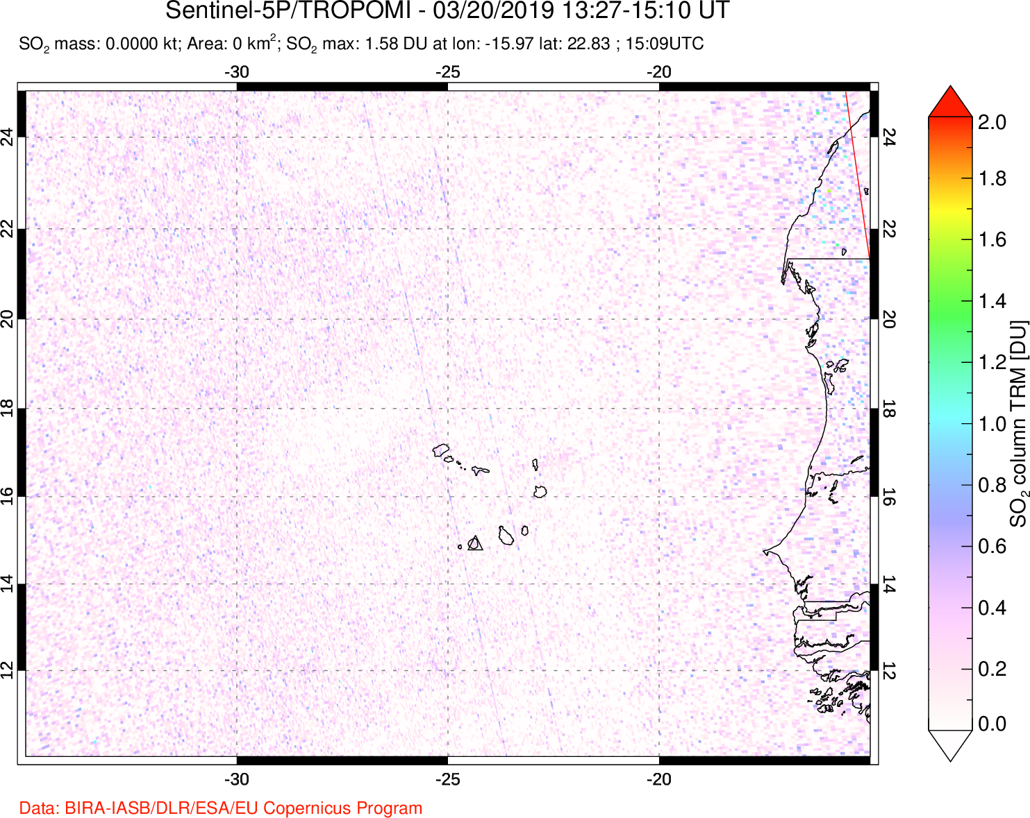 A sulfur dioxide image over Cape Verde Islands on Mar 20, 2019.