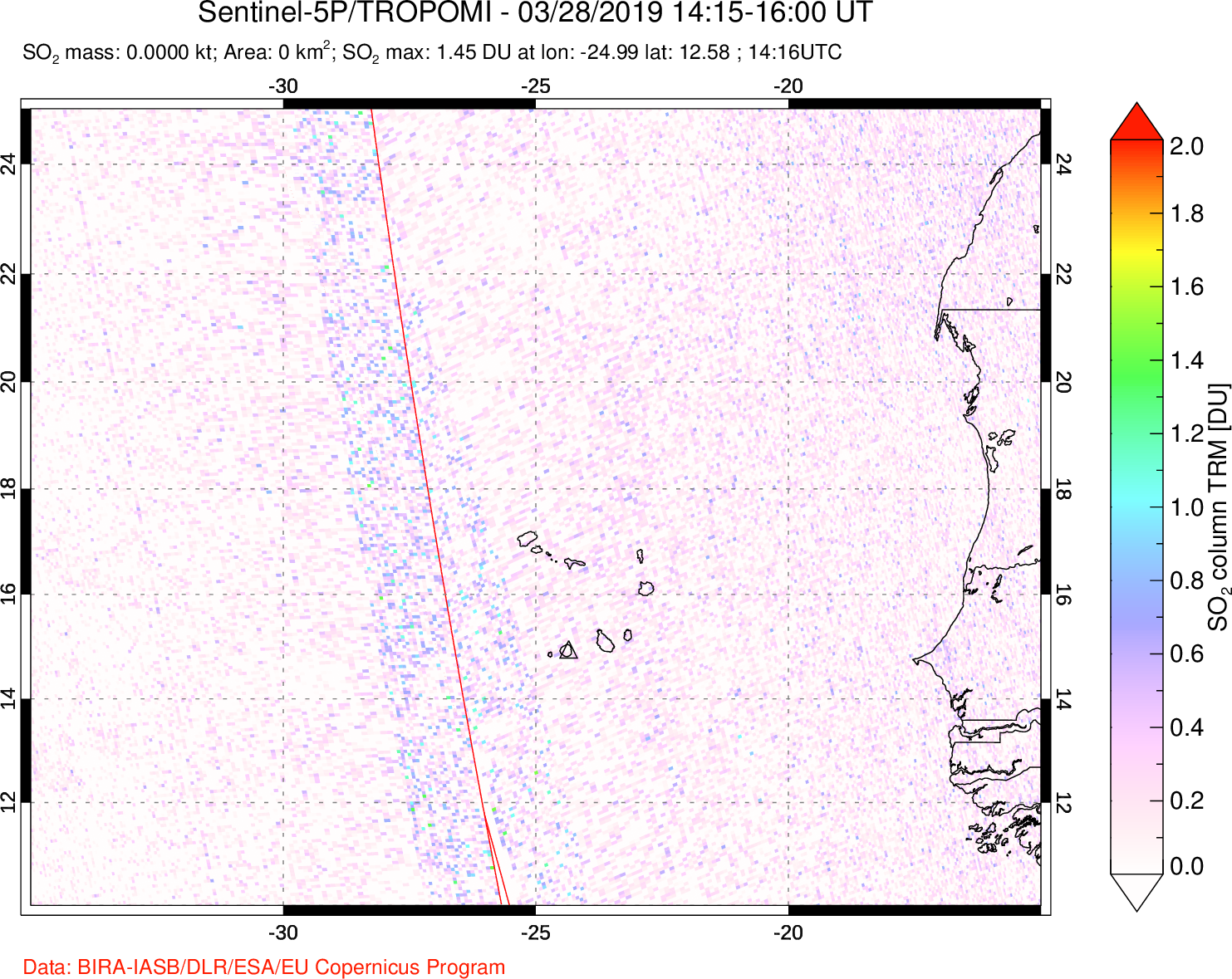 A sulfur dioxide image over Cape Verde Islands on Mar 28, 2019.