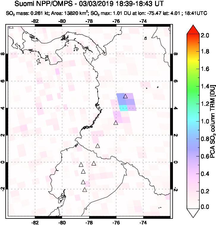 A sulfur dioxide image over Ecuador on Mar 03, 2019.