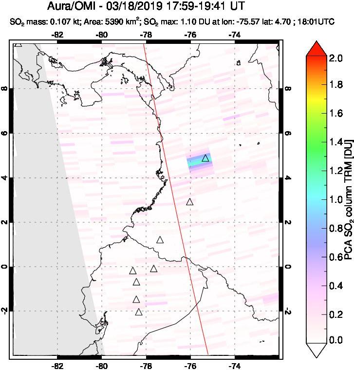 A sulfur dioxide image over Ecuador on Mar 18, 2019.