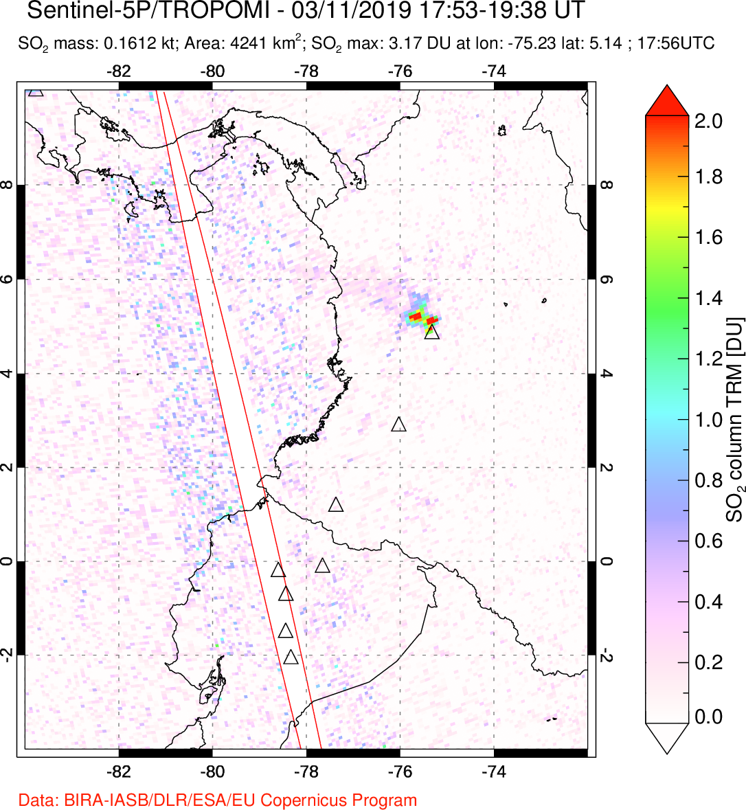 A sulfur dioxide image over Ecuador on Mar 11, 2019.