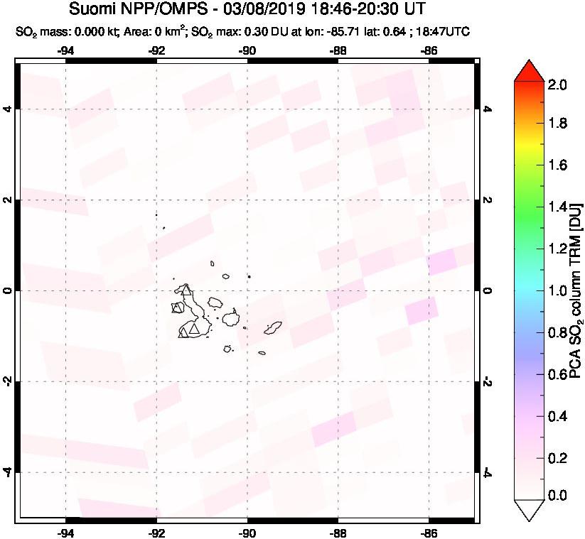 A sulfur dioxide image over Galápagos Islands on Mar 08, 2019.