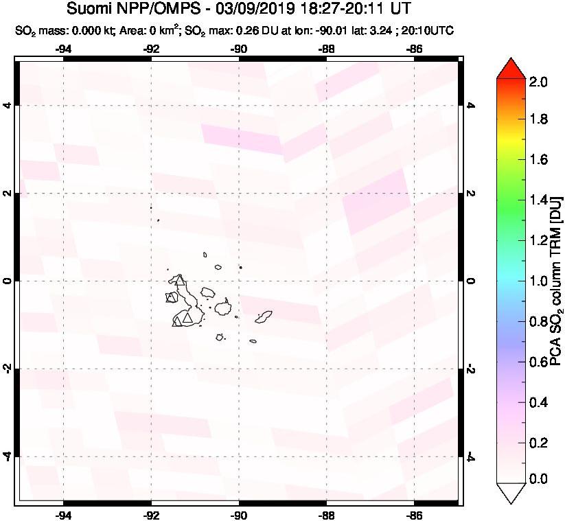 A sulfur dioxide image over Galápagos Islands on Mar 09, 2019.