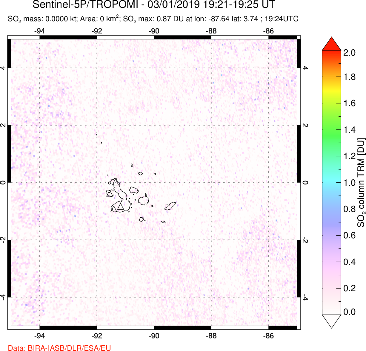 A sulfur dioxide image over Galápagos Islands on Mar 01, 2019.