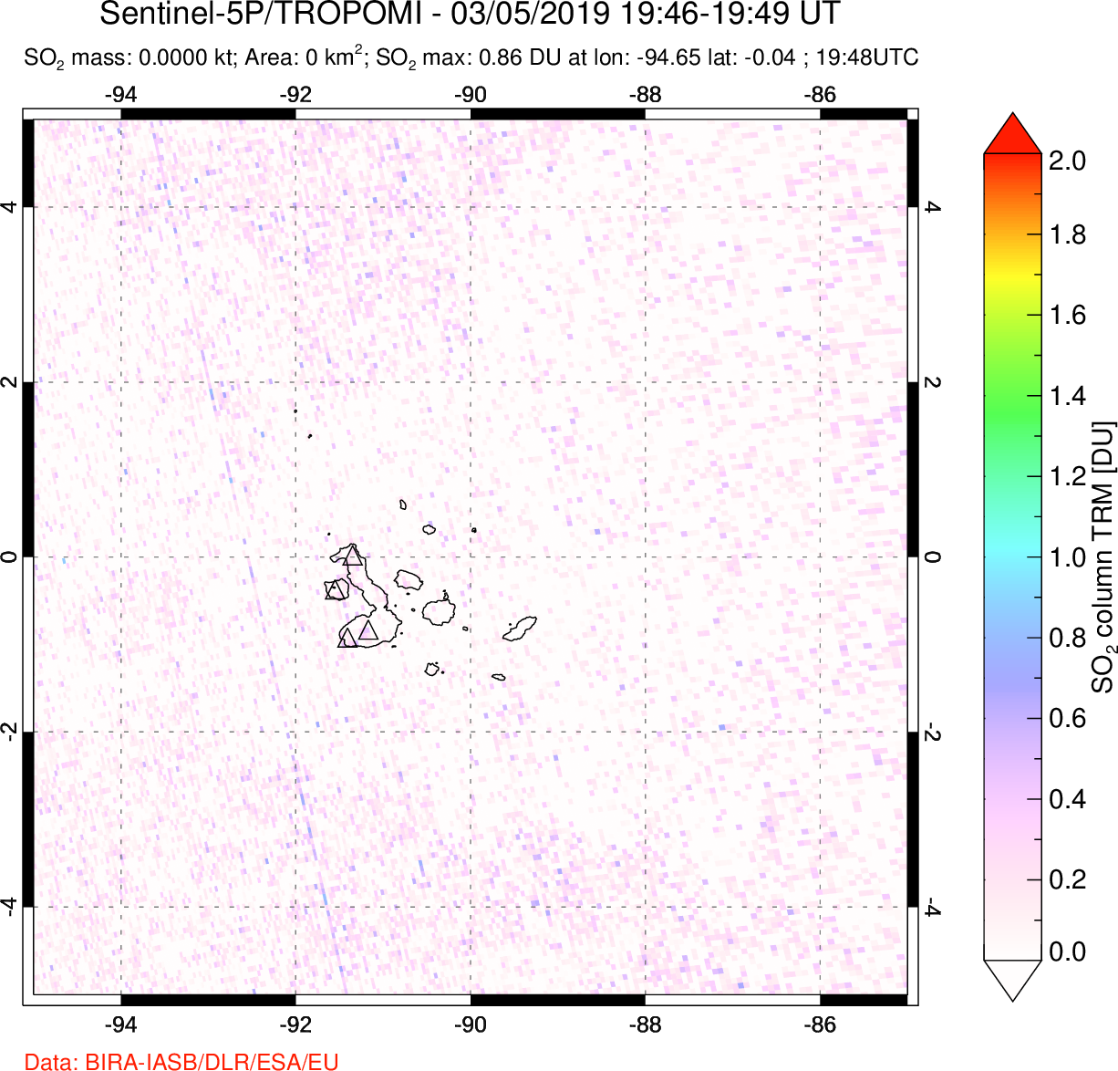 A sulfur dioxide image over Galápagos Islands on Mar 05, 2019.