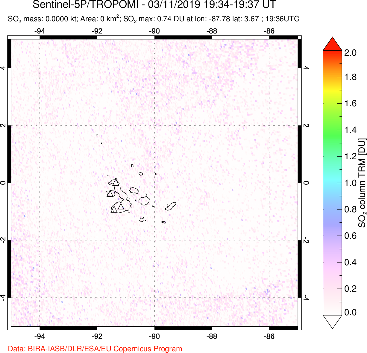 A sulfur dioxide image over Galápagos Islands on Mar 11, 2019.