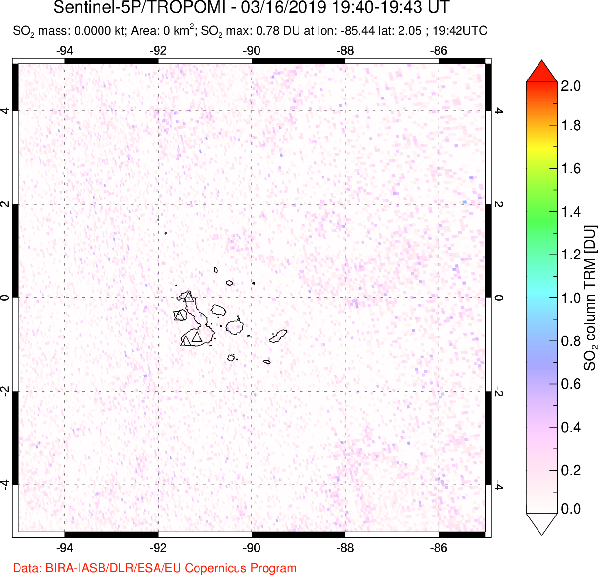 A sulfur dioxide image over Galápagos Islands on Mar 16, 2019.