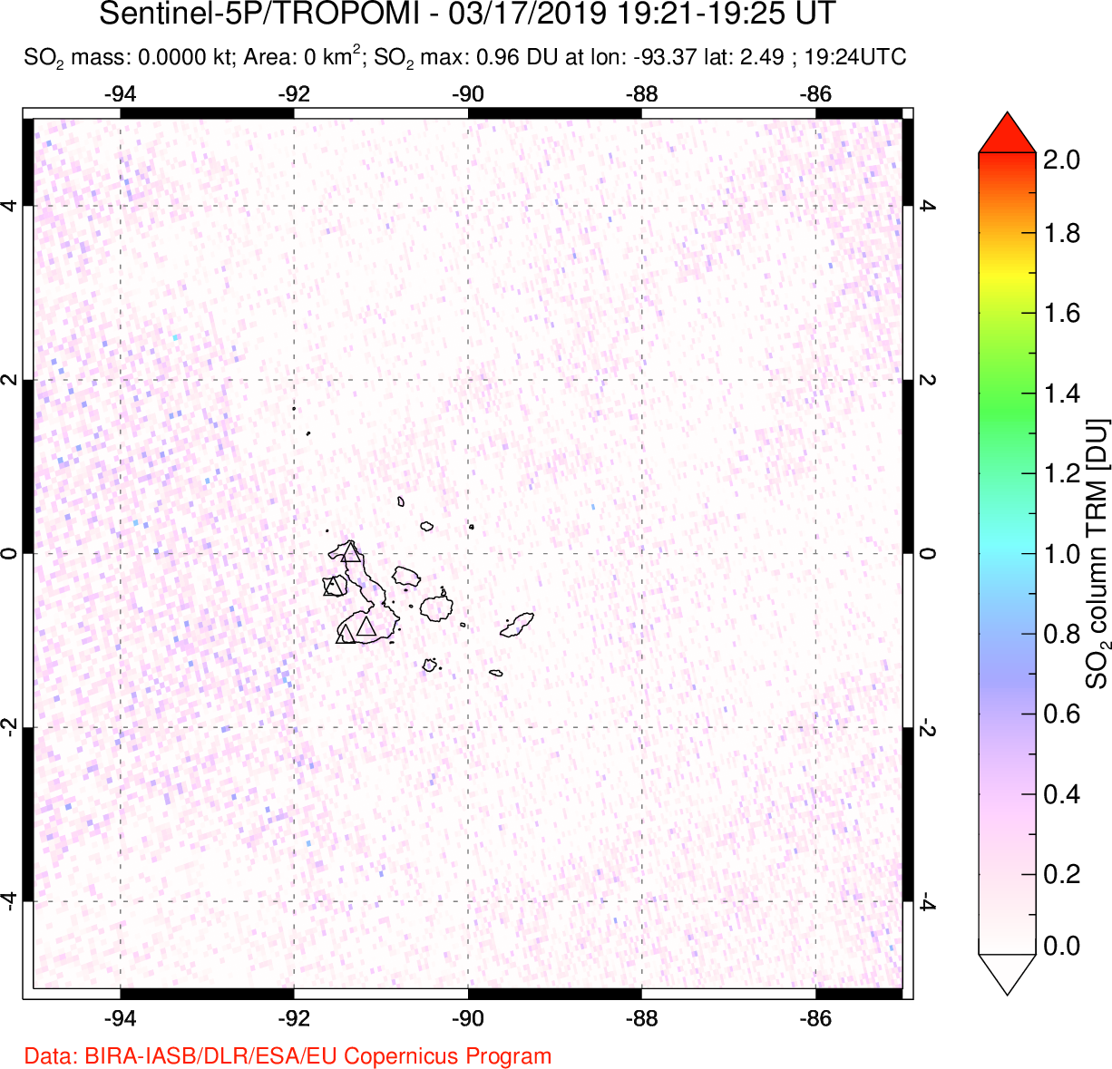 A sulfur dioxide image over Galápagos Islands on Mar 17, 2019.