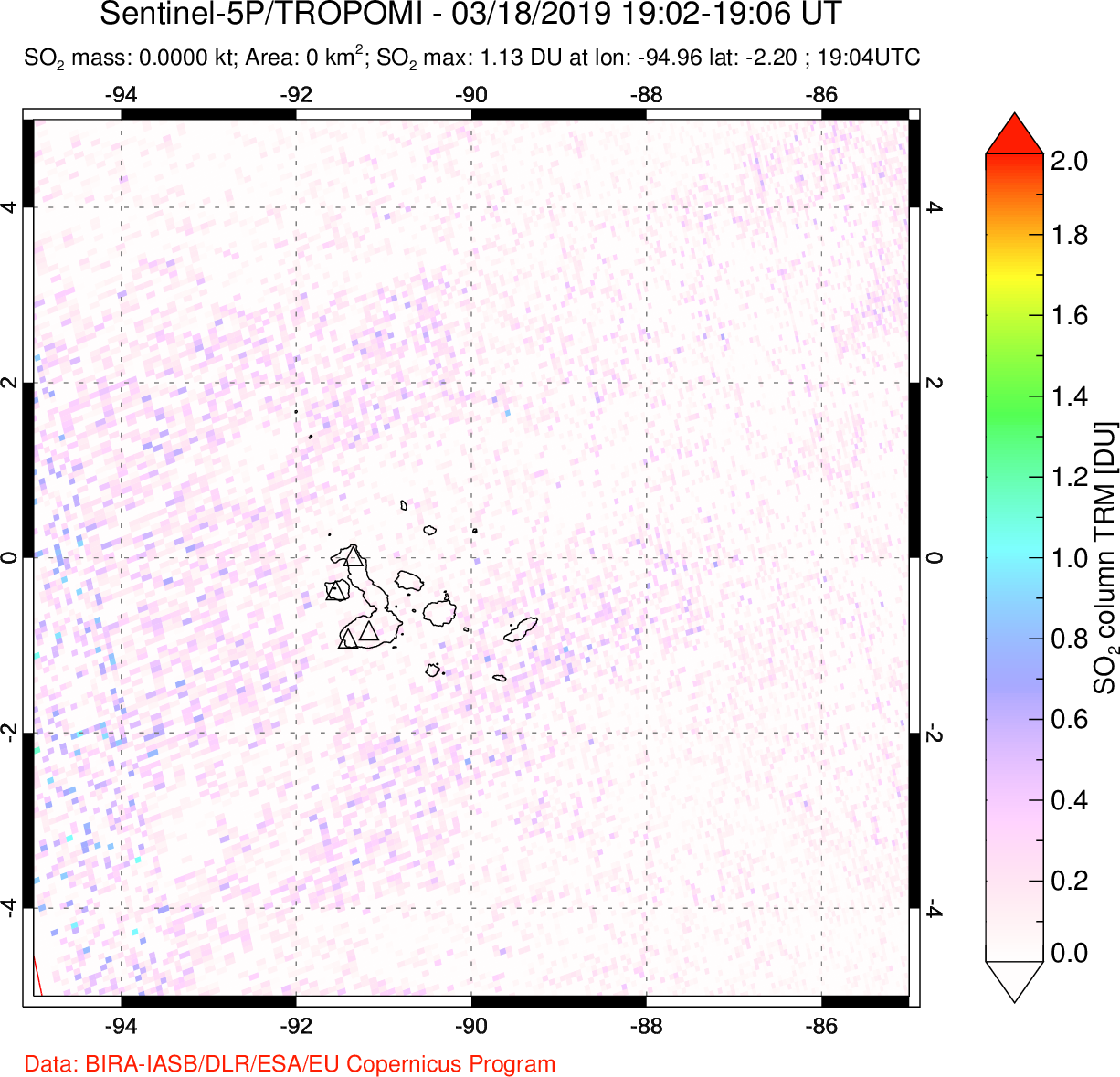 A sulfur dioxide image over Galápagos Islands on Mar 18, 2019.
