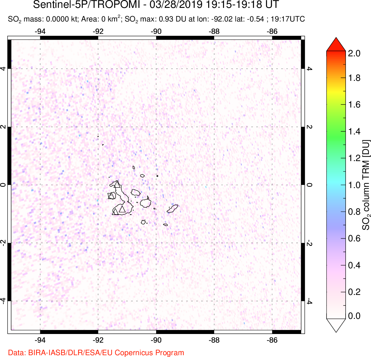 A sulfur dioxide image over Galápagos Islands on Mar 28, 2019.