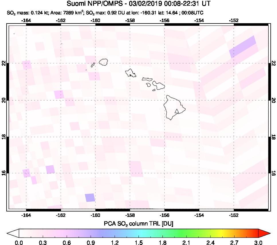 A sulfur dioxide image over Hawaii, USA on Mar 02, 2019.