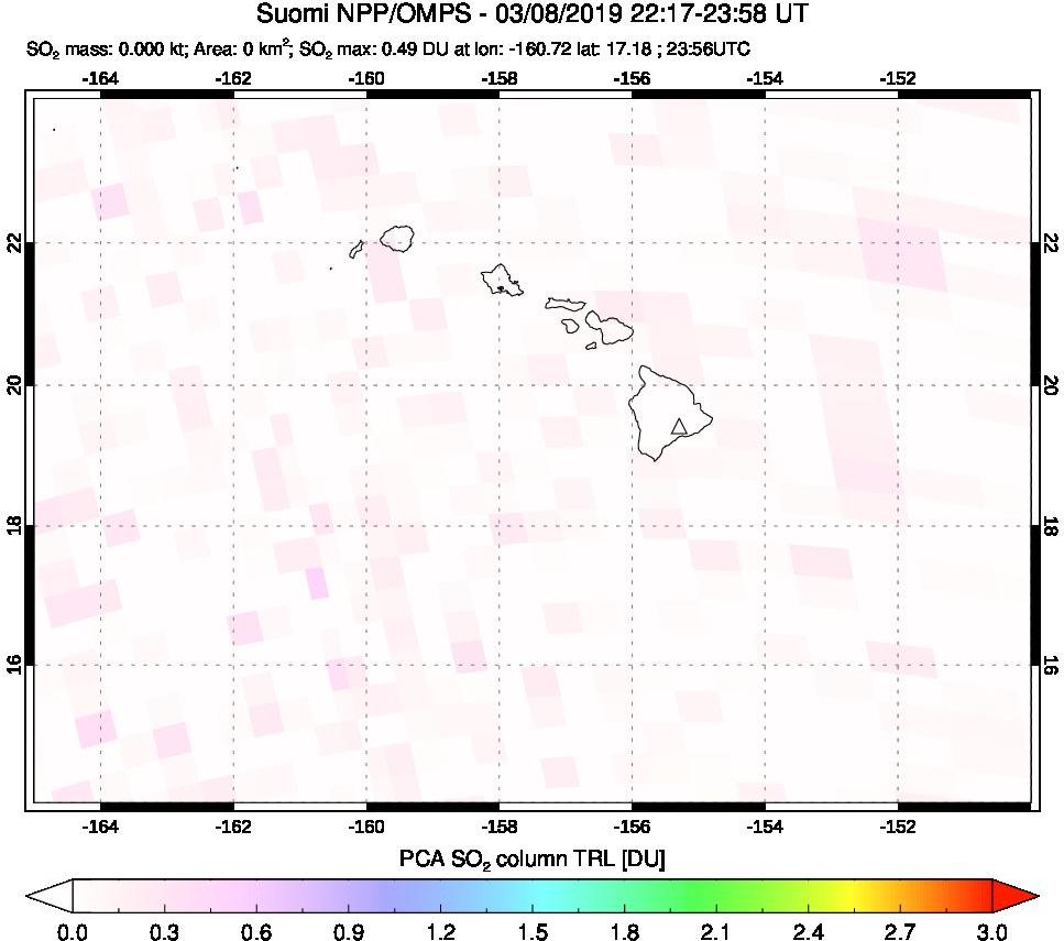 A sulfur dioxide image over Hawaii, USA on Mar 08, 2019.