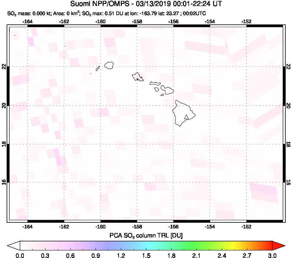A sulfur dioxide image over Hawaii, USA on Mar 13, 2019.