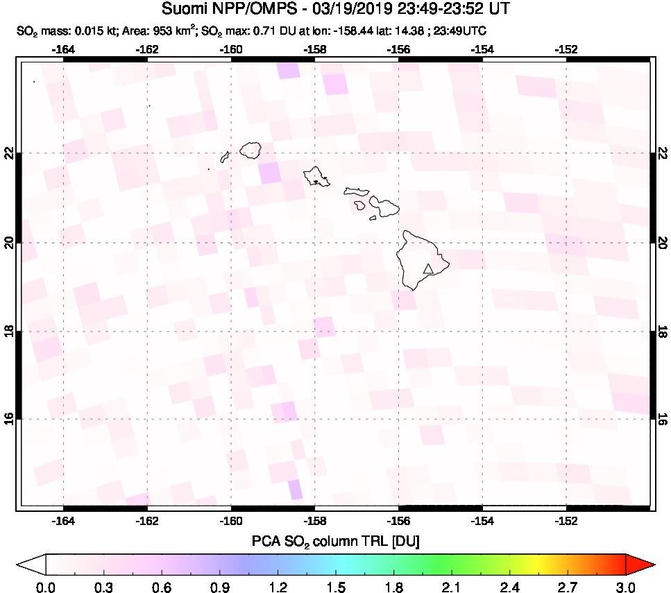 A sulfur dioxide image over Hawaii, USA on Mar 19, 2019.