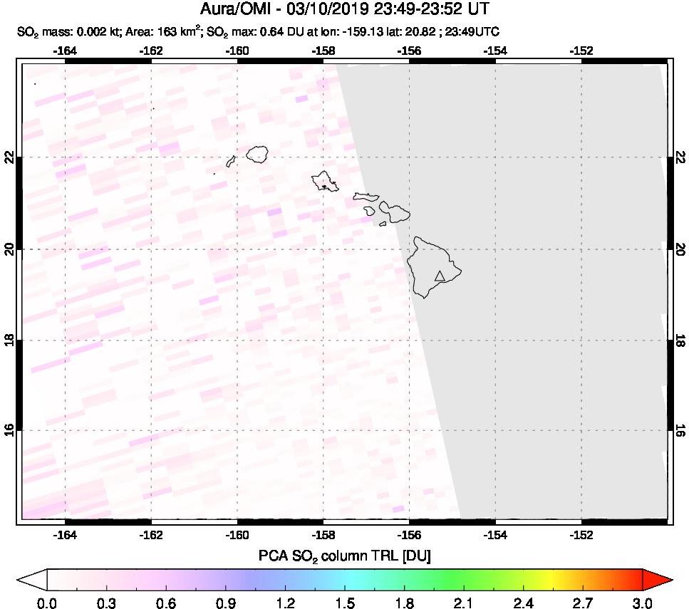 A sulfur dioxide image over Hawaii, USA on Mar 10, 2019.