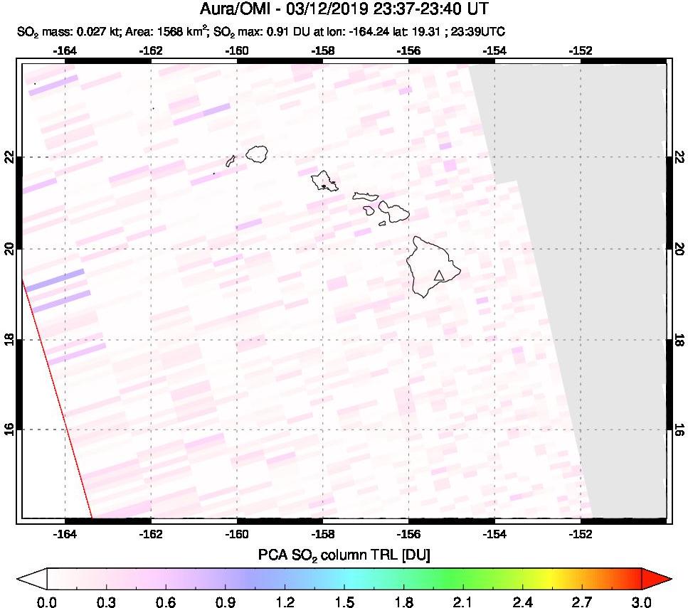 A sulfur dioxide image over Hawaii, USA on Mar 12, 2019.