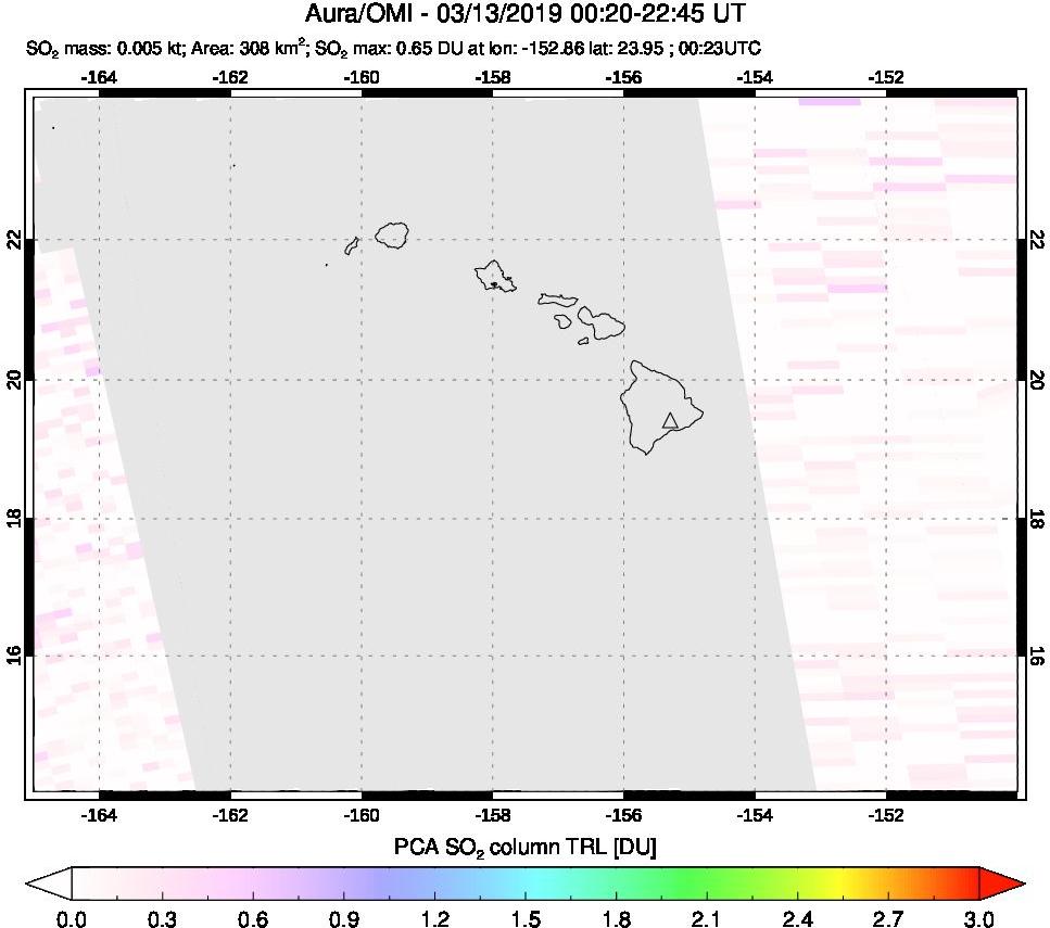 A sulfur dioxide image over Hawaii, USA on Mar 13, 2019.