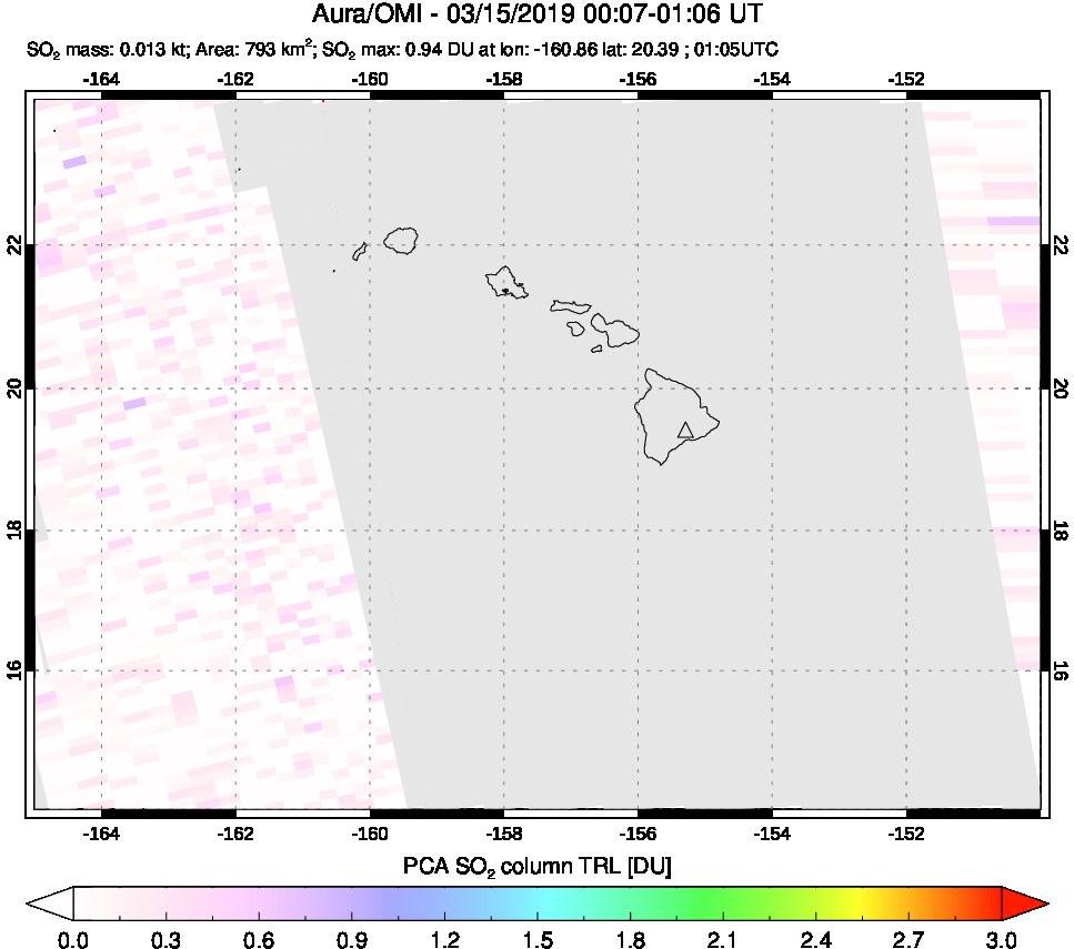 A sulfur dioxide image over Hawaii, USA on Mar 15, 2019.