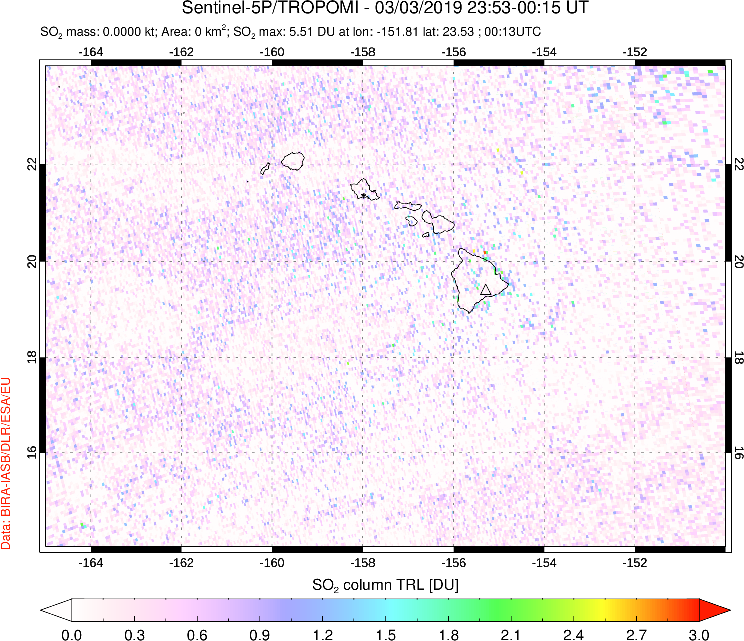 A sulfur dioxide image over Hawaii, USA on Mar 03, 2019.