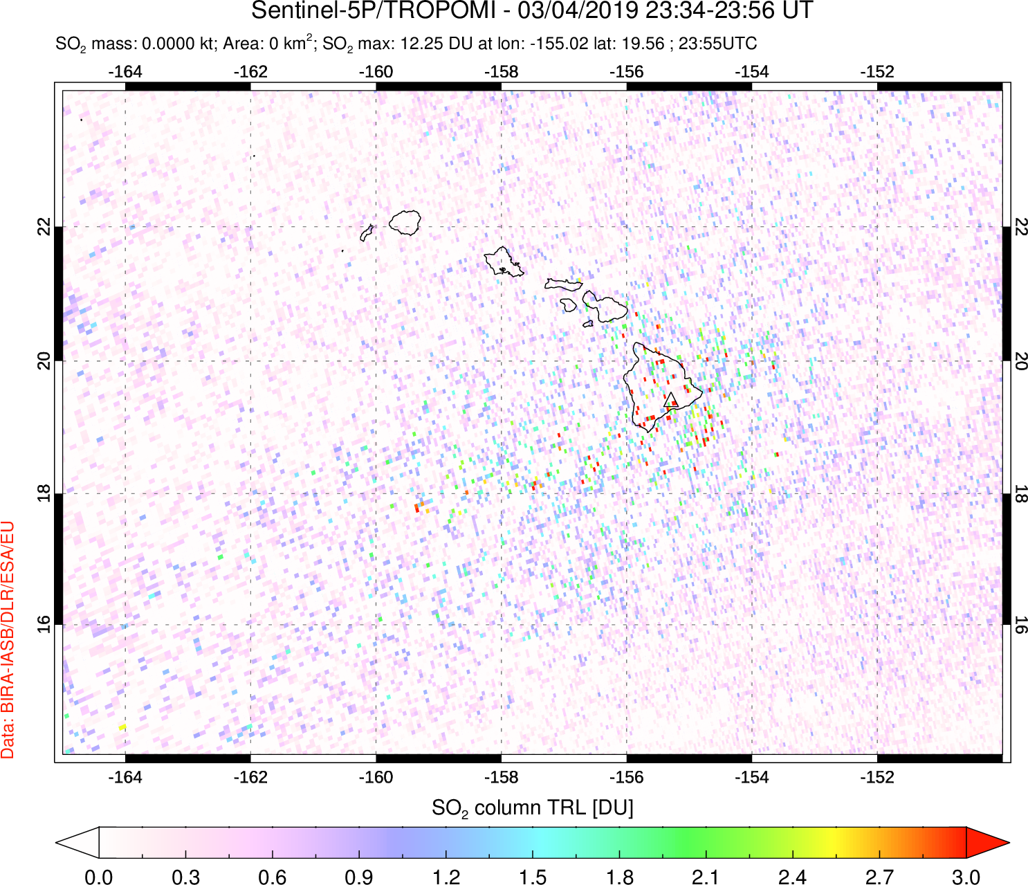 A sulfur dioxide image over Hawaii, USA on Mar 04, 2019.