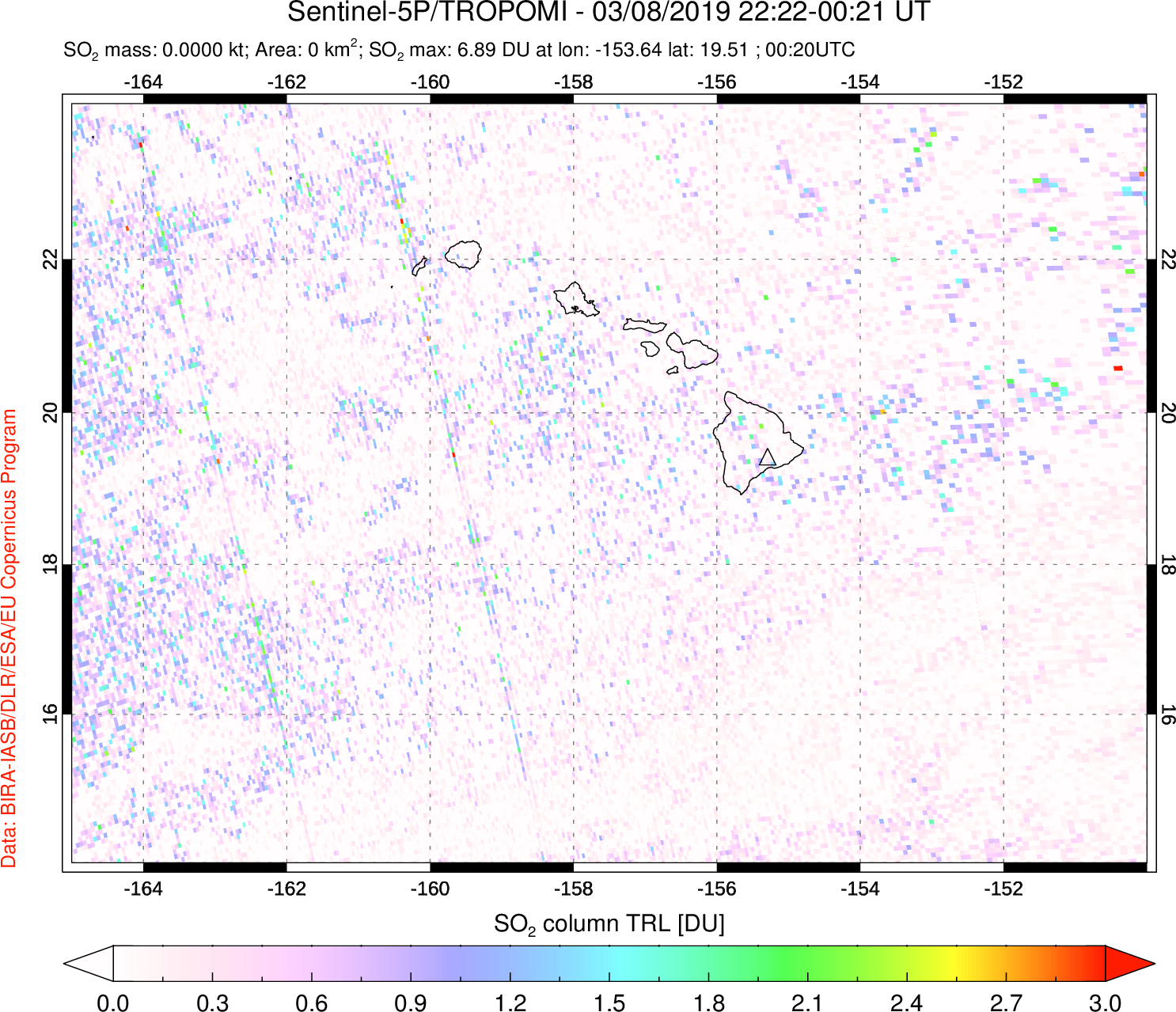 A sulfur dioxide image over Hawaii, USA on Mar 08, 2019.