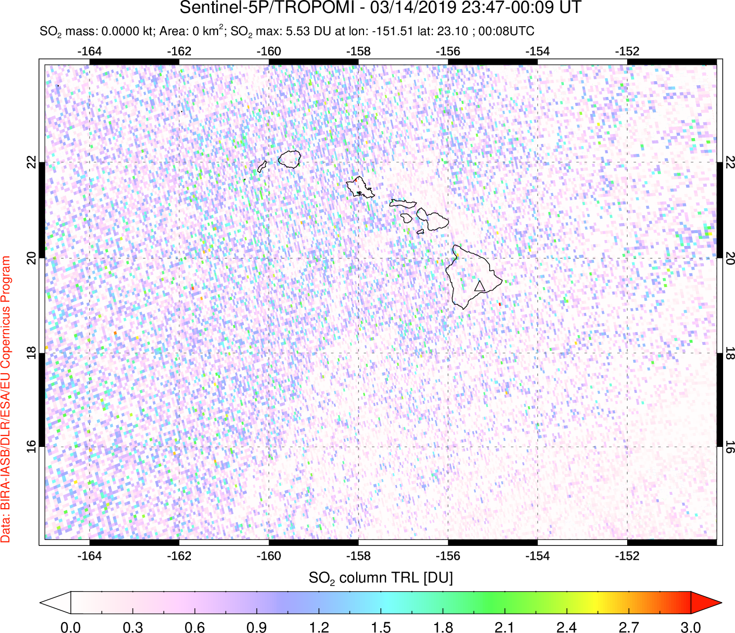 A sulfur dioxide image over Hawaii, USA on Mar 14, 2019.