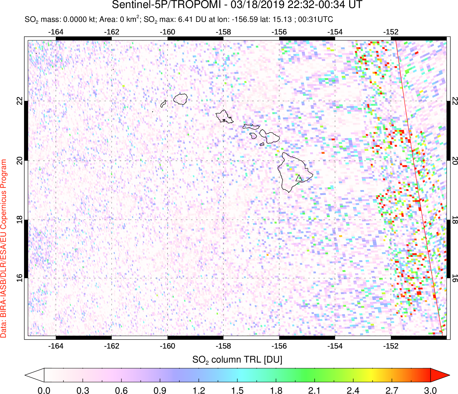 A sulfur dioxide image over Hawaii, USA on Mar 18, 2019.